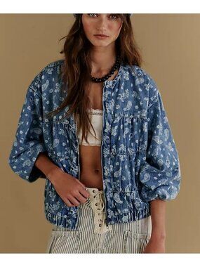 Free People Layla Printed Denim Bomber Jacket Vintage Boho 90s Festival Womens M